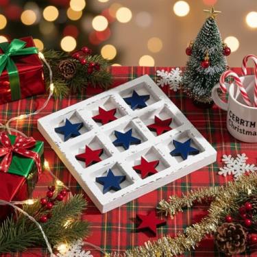 Imagem de Soulchen Patriotic Christmas Tic Tac Toe Game - Wood Star Decor Red White Blue Ornaments, Interactive Board Game for Coffee Table Centerpiece Home Office Party, 7.87 x 7.87 Inches