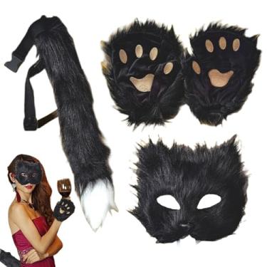 Imagem de Shakven Máscara de lobo, capa de rosto de gato,Máscara de cosplay de lobo falso | Conjunto de capa de meia face de lobo falso, pata peluda, capa de rosto e cauda para baile de Halloween, festas