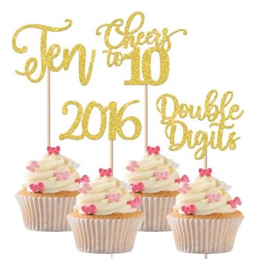 Imagem de 24 Pack 10th Birthday Cupcake Toppers Glitter Straight Outta 2016 Ten Cupcake Picks Double Digits Cheers to 10 Cake Decorations for 10th Birthday Wedding Anniversary Party Supplies Gold