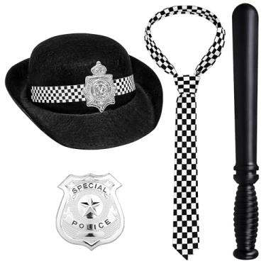 Imagem de Horolam 5 peças de acessórios de fantasia de polícia, chapéu de polícia com algemas, crachá, gravata xadrez para adultos para cosplay