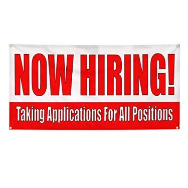 Imagem de Banner de vinil Vários tamanhos agora contratando! Aplicações para vagas de negócios ao ar livre à prova de intempéries placas de pátio industrial branco 4 ilhós 30 x 76 centímetros
