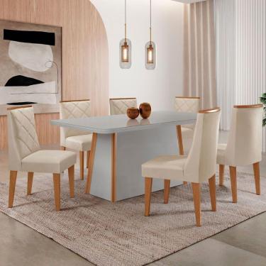 Imagem de Mesa De Jantar Diane 180cm Tampo Mdf Vidro 6 Cadeiras Isadora Moderna Veludo Creme Off White Naturale Serigrafia