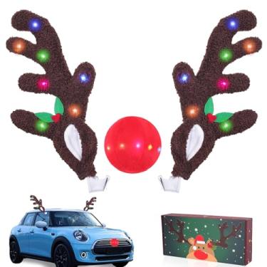 Imagem de ROSE ME Chifres de rena para carros - chifres de rena e nariz de Natal com luzes LED, nariz vermelho Rudolph de Natal, decorações de kit de carro de rena para caminhão, SUV, 3 modos de iluminação