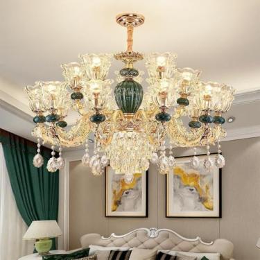 Imagem de Lustre de luxo em cerâmica e cristal, design europeu, ideal para quartos aconchegantes, salas de estar elegantes e salas de jantar. Eficiente em termos energéticos (15 lâmpadas).