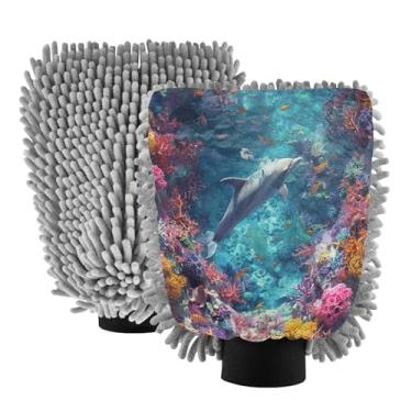 Imagem de Blueangle Pacote com 2 luvas coloridas para lavagem de carro de recifes de coral - luvas de microfibra de chenille para lavagem de carro sem arranhões e limpeza doméstica, luva de detalhe automático