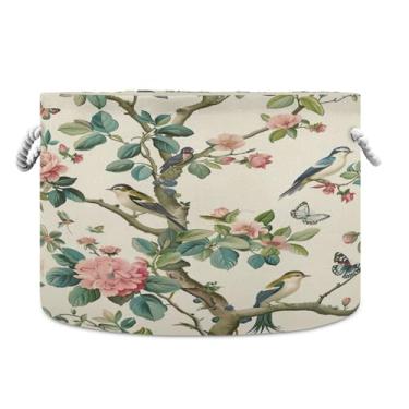Imagem de SEHANY Cesta redonda grande de flores e pássaros com alça de corda, cesto de roupa suja de lona para armazenamento de cobertores, cesta de armazenamento de berçário infantil para quarto de banho