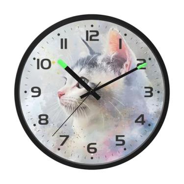 Imagem de SEHANY Relógio de parede de gato fofo, silencioso, sem tique-taque, operado por bateria, controle de som, luz noturna, relógios de parede para sala de estar, cozinha, quarto, escritório, decoração de