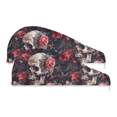 Imagem de SEHANY Toalha de cabelo de microfibra rosa e caveira para mulheres, 2 peças, turbantes de cabelo de secagem rápida com botão, touca de cabelo seco absorvente toalha de secagem de cabelo para cabelos