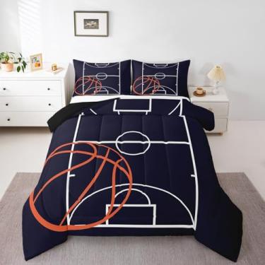 Imagem de Erosebridal Jogo de cama casal de basquete, para crianças, meninos, meninas, adolescentes, jogos, esportes e plumas, quadra de basquete azul escuro, para decoração de quarto com 2 fronhas