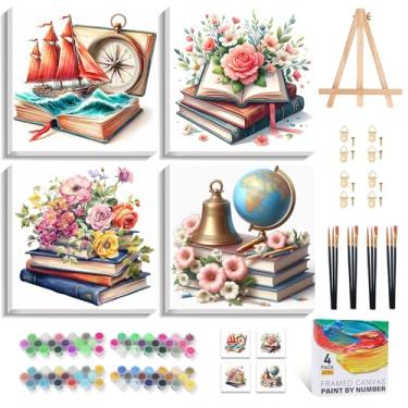 Imagem de Camocin Pacote com 4 kit de pintura emoldurada por números para adultos com cavalete de madeira, pintura de livros por números com moldura para iniciantes, kits de tintas de flores para adultos por