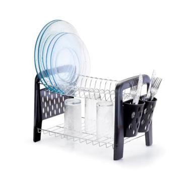 Imagem de Escorredor de Louça 2 Andares com Porta Talheres – Plástico – Compacto 41cm – Organizador de Pia para Pratos, Copos e Talheres (CROMADO)