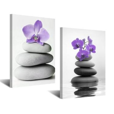Imagem de CXHOSTENT Arte de parede Zen 2 peças imagem de pedra orquídea impressão em tela spa banheiro pintura para meditação, sala de ioga, escritório, casa emoldurada (roxo, 28 x 35 x 2 peças)