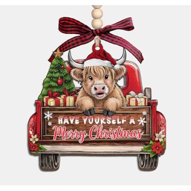 Imagem de Have Yourself Merry Christmas Enfeite de madeira de vaca Highland - Caminhão de Natal com vaca Highland Cow 3 camadas de madeira ornamento presentes para mulheres - homens - agricultor - animais de