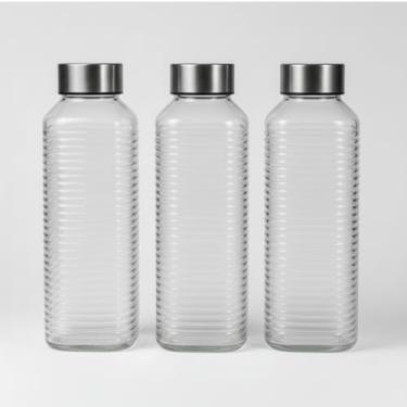 Imagem de Trio De Garrafas De Vidro Transparente Para Armazenar E Servir Água Suco Detox Com Vedação Superior Cozinha Elegante (Linhas)