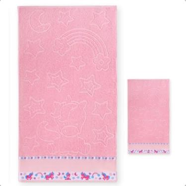 Imagem de KIt Toalha de banho e Toalha Lavabo Infantil Jaquard Com Barra Pinte e Borde (Rosa Unicórnio)