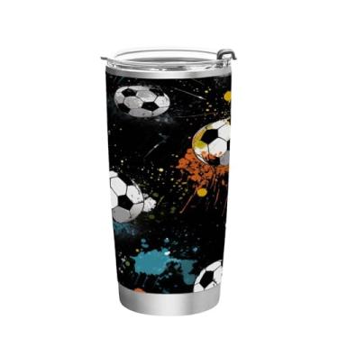 Imagem de Wassud Copo de bola de futebol com tampa e canudo de aço inoxidável parede dupla copo isolado copo de viagem caneca de café para bebidas frias e quentes 590 ml