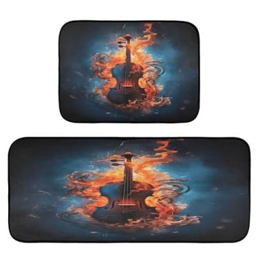 Imagem de Wassud Conjunto de 2 tapetes e tapetes de cozinha Fire and Flames antiderrapantes à prova d'água para cozinha, corredor, escritório, pia, lavanderia