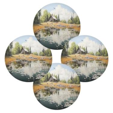 Imagem de Wassud Jogo americano conjunto de 4 tapetes redondos de madeira para cozinha e jantar tapetes laváveis resistentes ao calor decoração de mesa 39 cm