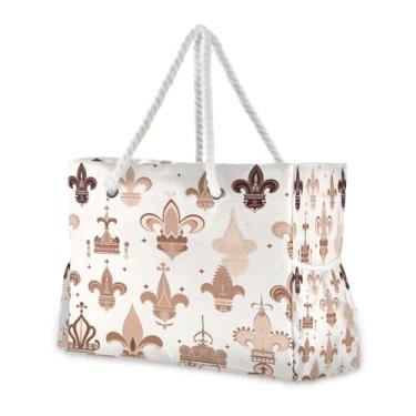 Imagem de Wassud Bolsa de praia grande para mulheres, coroas de mão e flor, bolsa de praia, impermeável, à prova de areia, bolsa de viagem com zíper e bolso para piscina, academia, acampamento