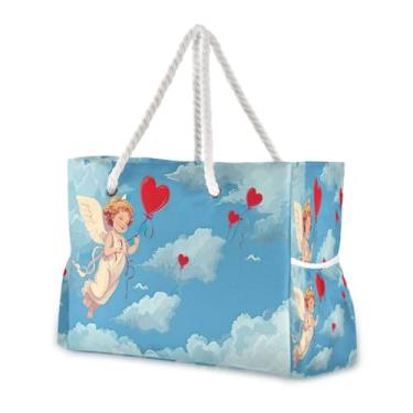 Imagem de Wassud Bolsa de praia linda anjo amor grande bolsa de praia para mulheres, impermeável, à prova de areia, bolsa de viagem com zíper e bolso, piscina, academia, acampamento