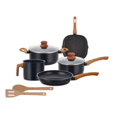 Imagem de Jogo de Panelas Indução Antiaderente, Fundo Triplo, Revestimento Cerâmico e Tampas Vidro