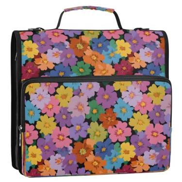 Imagem de CEBUGI Fichário de 3 anéis com zíper com alça de ombro, pasta de arquivo expansível de 3,8 cm, anéis D, para escola, escritório, flores coloridas