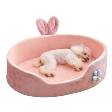 Imagem de Cama para Pet Princesa Linda Redonda Cachorro com Orelhas de Coelho Desmontável e Lavável Estrutura Apoio 3D Preenchimento Espuma Alta Resiliência Fun