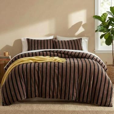 Imagem de Bedbay Conjunto de edredom Queen Size listrado, 3 peças, de veludo, macio, quente, fofo, com 2 fronhas, listras marrons e pretas, conjunto de cama queen para todas as estações