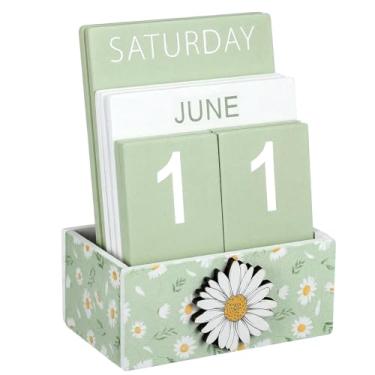 Imagem de AceOrbit Calendário perpétuo de bloco de madeira de margarida verde, decoração de mesa, fofo, mês, semana, data, calendário, bloco decorativo, para mulheres, escritório, casa, mesa, presente para