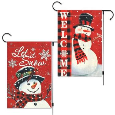 Imagem de Pacote com 2 bandeiras de jardim de Natal com boneco de neve Let It Snow, 30,5 x 45,7 cm, dupla face, vertical, serapilheira, búfalo, bandeira de jardim de boas-vindas para decoração de jardim de Natal de inverno