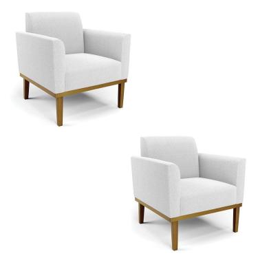 Imagem de Poltrona Sala Base Madeira Castanho Kit 2 Marisa Bouclê Off White D03 - DRossi