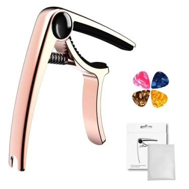 Imagem de VEDO Capotraste para guitarra, adequado para guitarras acústicas e elétricas - ouro rosa/preto, com 6 palhetas. (Dourado Champagne)