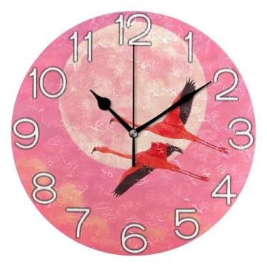 Imagem de GAIGEO Relógio de parede decorativo analógico sala de aula relógio de escritório redondo sem tique-taque silencioso, arte de parede boho decoração de casa flamingos lua rosa céu lua, 25 cm, ponteiros