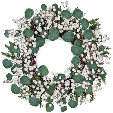 Imagem de WSTPUPU Guirlanda de inverno artificial de 56 cm para porta da frente, guirlanda de baga branca com folhas de eucalipto, agulhas de pinheiro, bagas brancas para Natal, janela de casa de fazenda