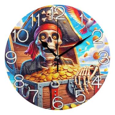 Imagem de GAIGEO Relógio de parede analógico decorativo estético silencioso sem tique-taque relógio de cozinha rústico, arte de parede moderna legal decoração de casa, tesouro de esqueleto pirata brincalhão, 25