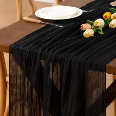 Imagem de Jimtx 3 peças de toalha de mesa de gaze preta de verão 56 cm x 3 m, toalha de mesa rústica boho de gaze para casamento, bebê, chá de panela, aniversário, festa em casa, decorações de formatura