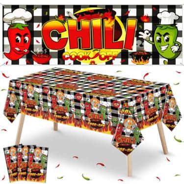 Imagem de Oudain Conjunto de 4 peças de decoração Chili Cook Off, 3 peças de toalha de mesa de 139 x 218 cm, faixa de plástico para festa de pimentão para festa mexicana (elegante)