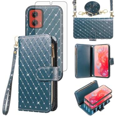 Imagem de Capa carteira compatível com Motorola Moto G Stylus 5G 2024 com zíper, célula destacável e protetor de tela de vidro temperado, alça transversal com glitter flip porta-cartões, capa para celular para
