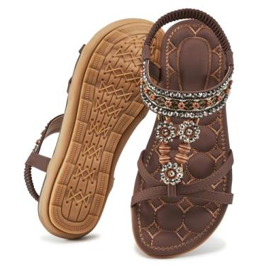 Imagem de Sandálias femininas elegantes de verão: sapatos rasos confortáveis boêmios com tira elástica no tornozelo sandálias de caminhada na praia para mulheres, Café, 40