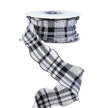 Imagem de letsinstyle Fita xadrez guingão preta de 2,8 m x 3,8 cm, fita de poliéster de chiffon com borda franzida, acabamento plissado enrugado para decorações de embrulho de presente, acessórios de cabelo de