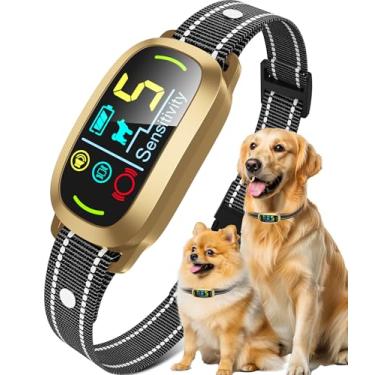 Imagem de Coleira recarregável para latidos para cães com 5 modos de funcionamento e visor LCD – à prova d'água e 5 coleira ajustável para latidos de sensibilidade para cães grandes, médios e pequenos (ouro)