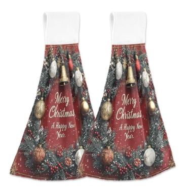 Imagem de Blueangle 2 Pçs Sinos Dourados de Natal Toalhas de Gravata Penduradas Toalha de Mão de Cozinha Absorvente Macio Coral Veludo Pano para Cozinha Banheiro (737)
