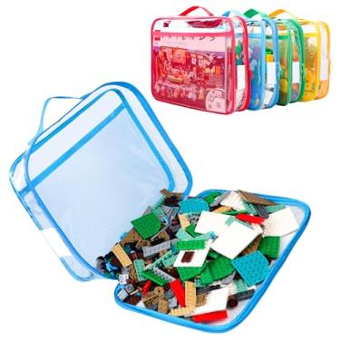 Imagem de Tesuko Pacote com 4 bolsas organizadoras de brinquedos para Lego Bricks, conjunto de blocos de PVC transparente com zíper com bolso manual e etiqueta de nome, estojo de transporte de brinquedos à