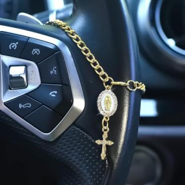Imagem de Acessório de encanto de rosário de volante, pingente de cruz, decoração de carro, espelho de carro pendurado com mini berloque e crucifixo da Virgem Maria, acessórios religiosos católicos ideais