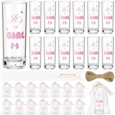 Imagem de Sliner 50 conjuntos de copos de chá de bebê para presente a granel para convidados incluem copos de shot de acrílico It's a Girl de 62,5 g e bolsa de organza de cartão para artigos de festa de