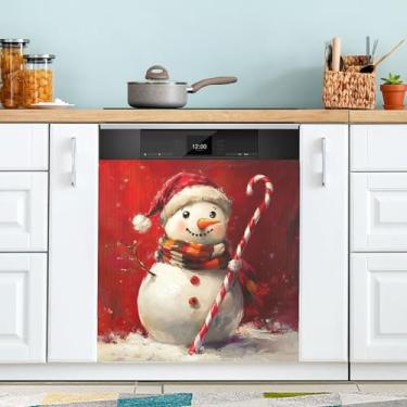 Imagem de xigua Linda capa magnética de boneco de neve de Natal, adesivos magnéticos decorativos antiarranhões para painel de geladeira e lava-louças, decoração personalizada de cozinha doméstica 58 x 66 cm