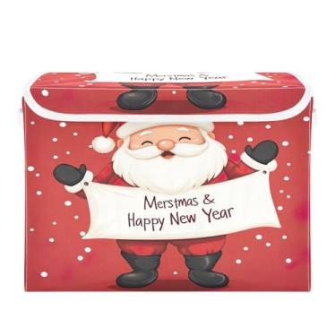 Imagem de SEHANY Linda caixa de armazenamento de Papai Noel de Natal com tampas e alças, organizador de cestas de armazenamento de tecido dobrável, caixas de armazenamento de cubos grandes para roupas, cobertor