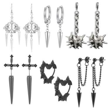 Imagem de Conjunto de brincos góticos Y2K coração spike preto gótico emo espada rock punk corrente pingente de Halloween brincos para mulheres e homens, 6 pares, various, Metal Cobre, Sem pedra preciosa