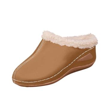 Imagem de Chinelo feminino casual versátil forrado quente plus size uma tira salto plataforma sandálias de sola grossa outono inverno, Marrom, 34