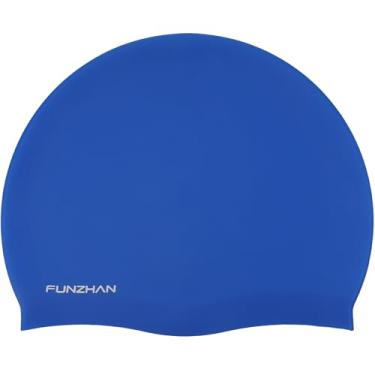 Imagem de Funzhan Chapéu de natação grande, sólido, sem rugas, confortável, de silicone, feminino, masculino, impermeável, antiderrapante, alta elasticidade (azul)
